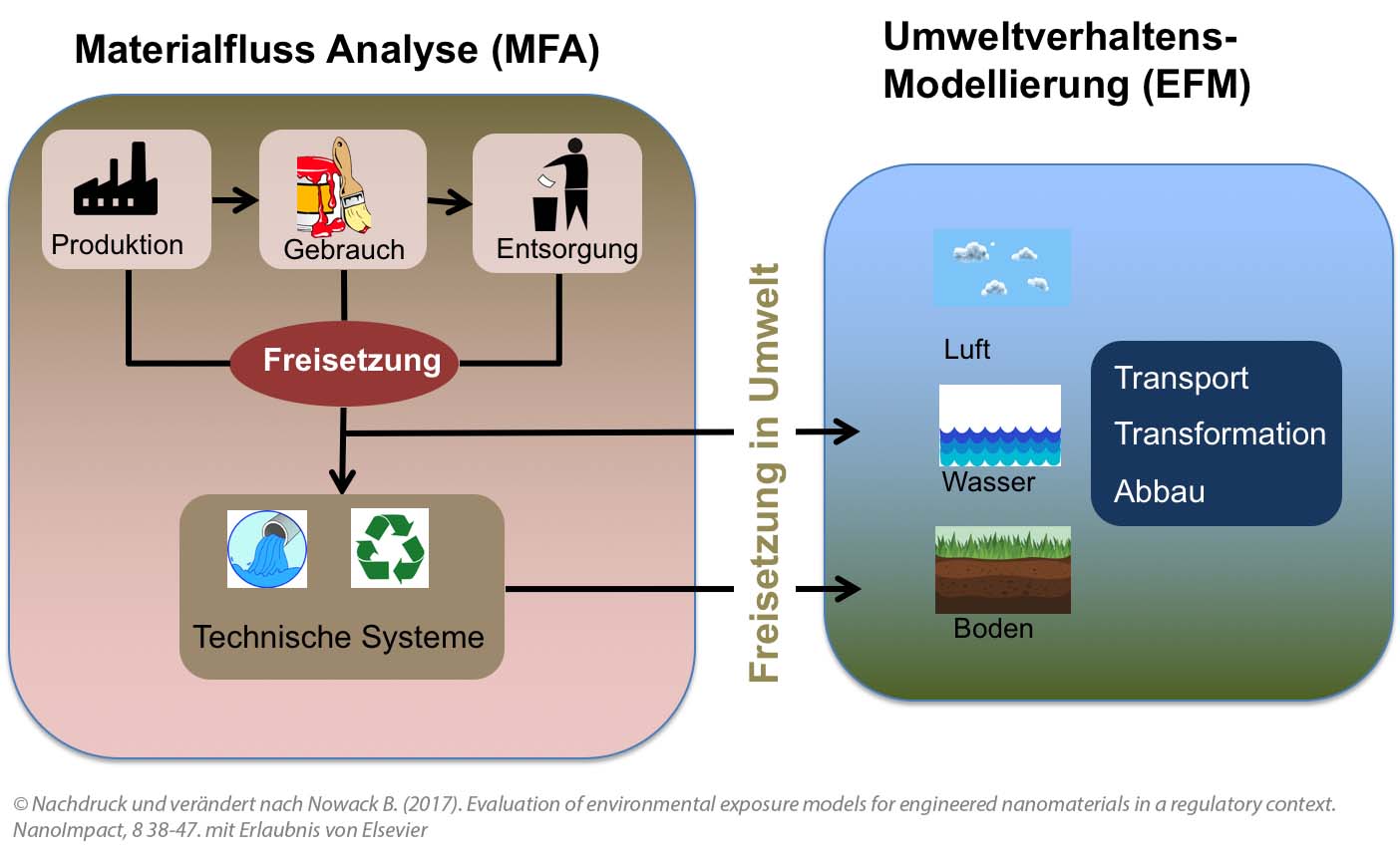 Expositionsmodelle Materialfluss-Analyse (links) und Umweltverhaltens-Modellierung (rechts). Die Materialfluss-Analyse berechnet die Freisetzung von Nanomaterialien in die Umwelt, Umweltverhaltensmodellierung beschreibt die Verteilung in der Umwelt. © Nachdruck und verändert nach Nowack B. (2017). Evaluation of environmental exposure models for engineered nanomaterials in a regulatory context. NanoImpact, 8 38-47. mit Erlaubnis von Elsevier.